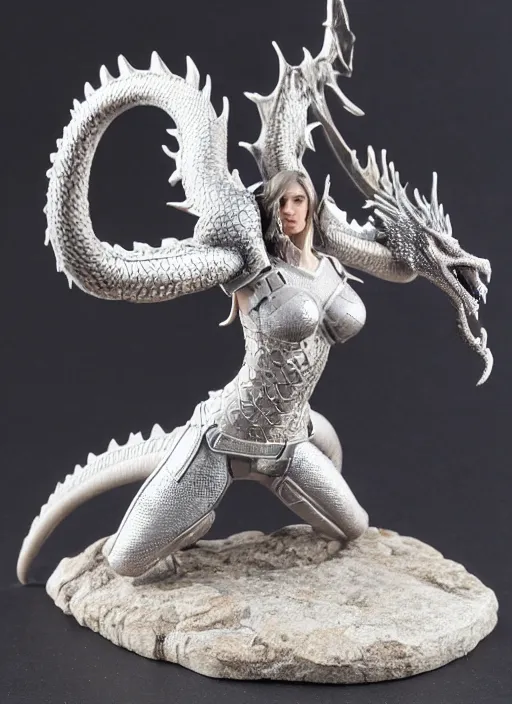 Image similar to 80mm, resin detailed model figure of a female wearing a silver dragon armor