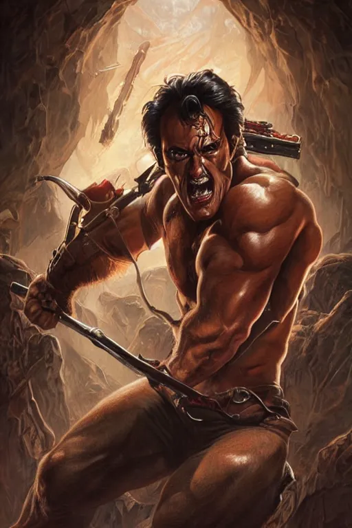 Image similar to Ash Williams from The evil dead, Very muscular, manowar album,intricate, elegant, highly detailed, digital painting, artstation, concept art, smooth, sharp focus, illustration, art by artgerm and greg rutkowski and alphonse mucha