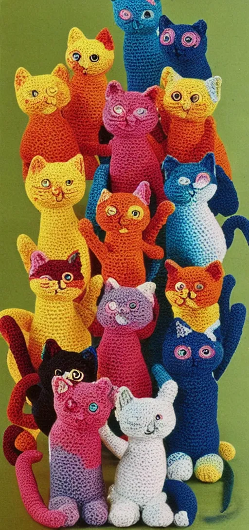 Prompt: multicolored crocheted cats, 1 9 9 0 s catalogue photo,