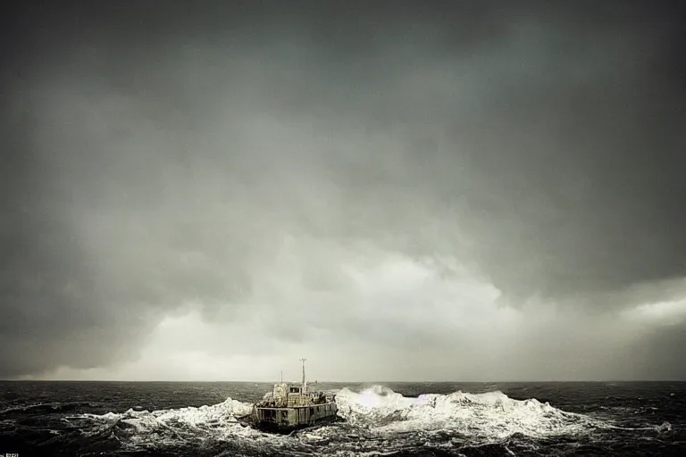 Image similar to danila tkachenko, low key lighting, a ship wreck near an abandoned high soviet apartment building in the middle of the stormy ocean, storm, lighning storm, crashing waves, dramatic lighting