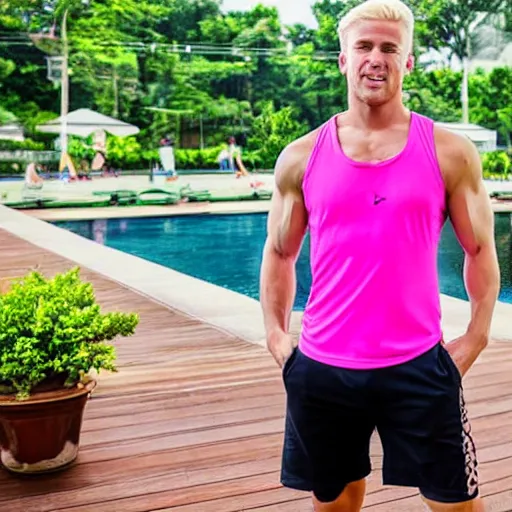 Image similar to a handsome man with blonde hair, ken, who is a male android, muscular, wearing a cut - off pink top and short light orange shorts, stands by a swimming pool