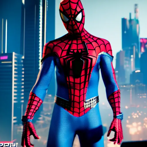 Prompt: futuristic spiderman ps 4 suit in cyberpunk 2 0 7 7, cyberpunk style spiderman, fantasy, d & d, elegant