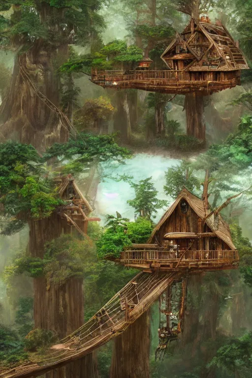 Image similar to various treehouses mounted on giant redwood tree trunks, interconnected by rope bridges, fantasy setting, dense vegetation, very detailed, d & d concept art, 4 k