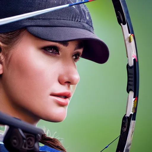 Image similar to photo realistic, consistent and highly detailed face, a attractive sports woman in archery, uhd 8 k, highly detailed