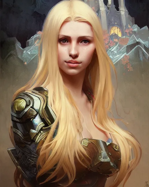 Image similar to '' Portrait of Beautiful blonde Slavic woman in her early 30’s, league of legends, LOL, fantasy, d&d, digital painting, artstation, concept art, sharp focus, illustration, art by greg rutkowski and alphonse mucha ''