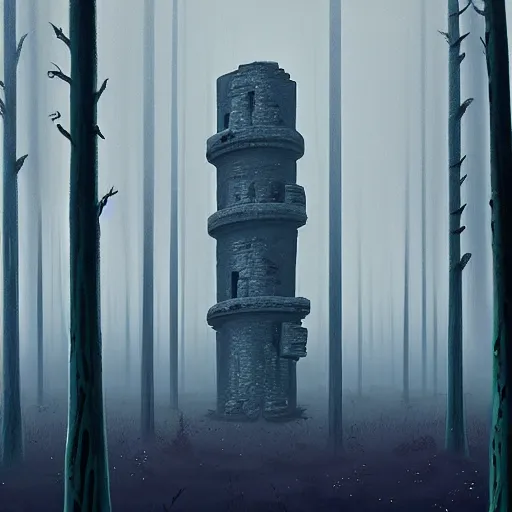 Image similar to Monumental old ruins tower of a dark misty forest, overcast, sci-fi digital painting by Simon Stålenhag