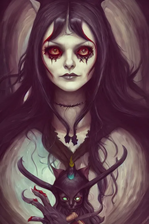 Image similar to portrait of a witch, american mcgee's alice, sharp focus, artstation, trending, by julie dillon, luis melo, tyler miles lockett, lei jin, hong lei, ken wong, adam narozanski, joy ang