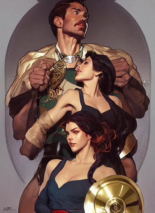 Prompt: a couple, a handsome man and a beautiful woman. they are dressed as superheroes. clean elegant painting, beautiful detailed face. by artgerm and greg rutkowski and alphonse mucha