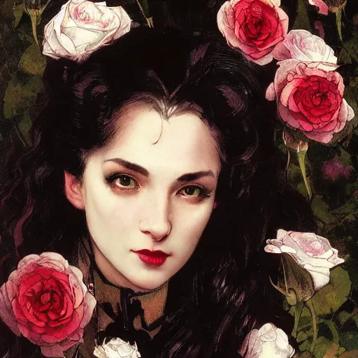 Image similar to portrait of a menacing beautiful vampire, head only, headshot, detailed and clear eyes and mouth, blinding white hair, roses scattered everywhere, by Stanley Artgerm Lau , greg rutkowski, thomas kindkade, alphonse mucha, loish, norman rockwell, J. C. Leyendecker. hair waving in the wind, pale skin, sinister complexion, thorn crown, image bordered by thorns, thorn background. D&D, fantasy. Trending on artstation rule of thirds extremely detailed render, octane hd 4k