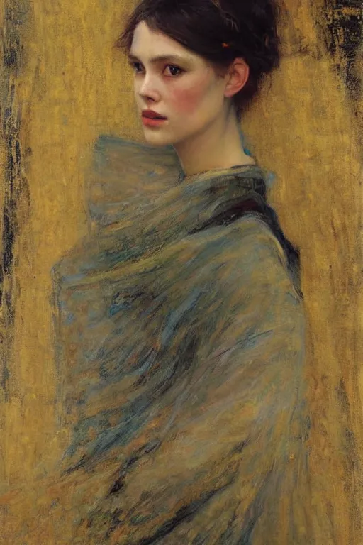 Image similar to Richard Schmid and Jeremy Lipking and Gustav Klimt full length portrait painting of a young beautiful woman