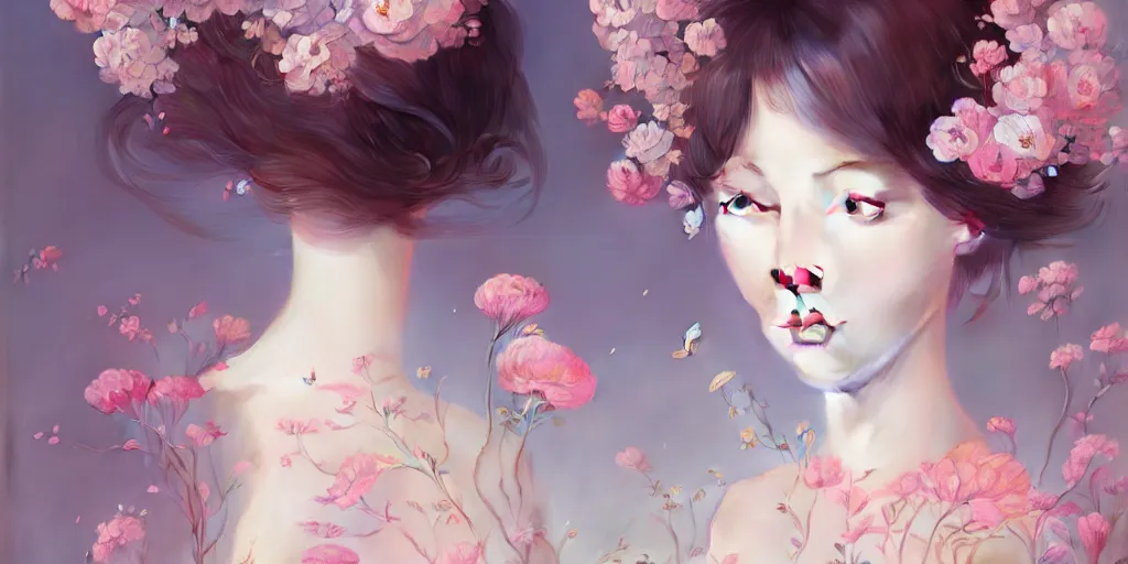 Image similar to breathtaking delicate detailed concept art with flowers and girls, by hsiao - ron cheng, bizarre compositions, exquisite detail, pastel colors, ornate background, 8 k