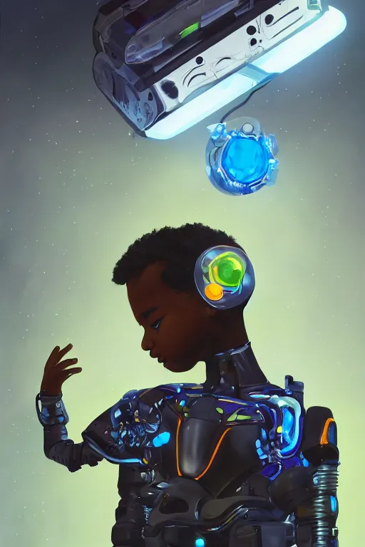 Image similar to a black kid playing with a futuristic robot in the nature, mixing solarpunk, afropunk, cyberpunk, ( ( ( ( volumetric light ) ) ) ), high angle, part by pearl fryar, part by prince damah, sunny day, trending on artstation, cinematic view, illustration, painting.