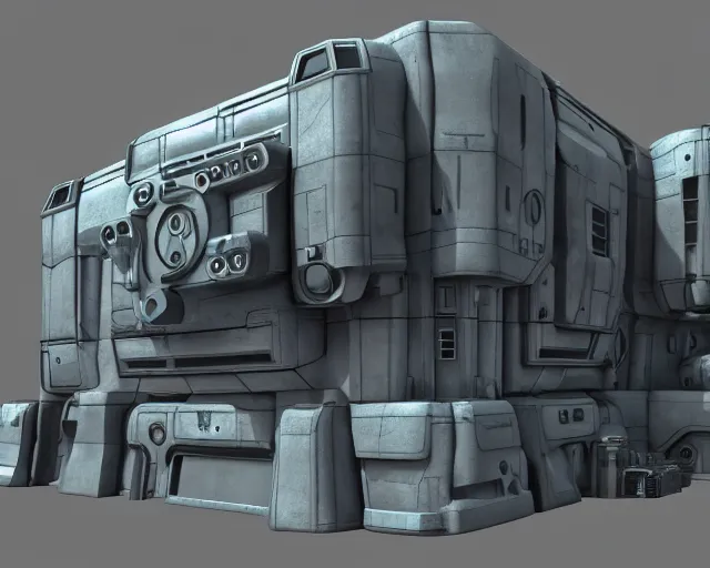 Prompt: 3 d sculpt of scifi rectangular digital movie camera industrial building facade, maschinen krieger, starcraft, halo, star wars, ilm, star citizen halo, mass effect, high tech industrial, artstation unreal