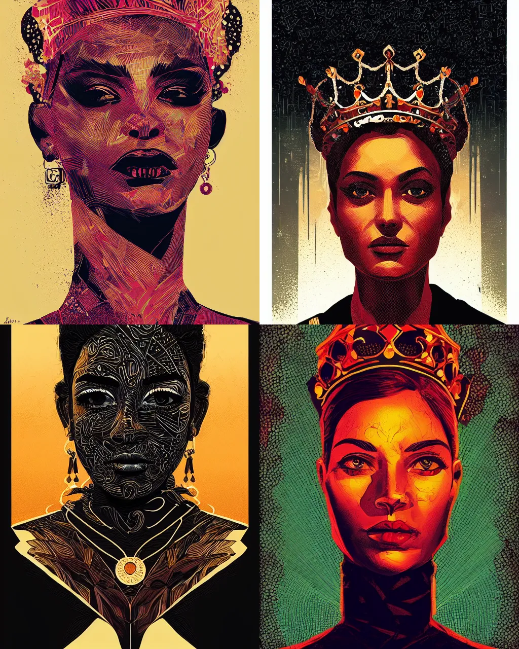 Prompt: black gold stylized mafia queen portrait, grunge art, dan mumford, victo ngai, alena aenami