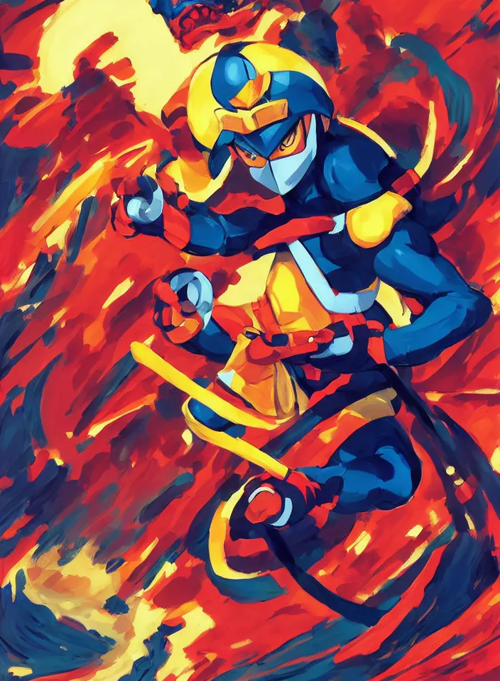 Image similar to orientalist painting of a ninja megaman x zero, in the style of syd mead, by greg tocchini, by james gilleard