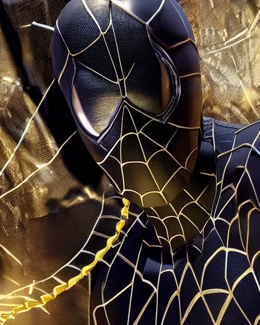 Image similar to photorealistic, hyperdetailed photograph of black spider - man suit with gold webbing by insomniac games