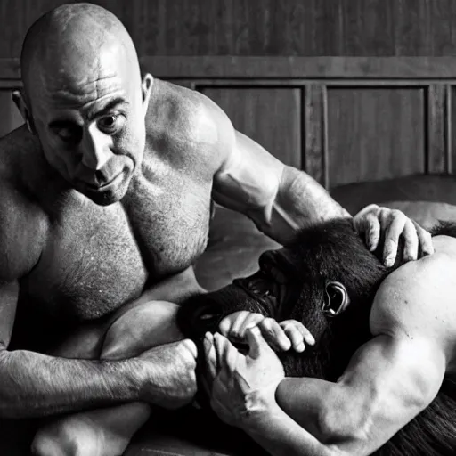 Image similar to joe rogan spooning with a gorilla in a five start hotel, honeymoon photoshoot