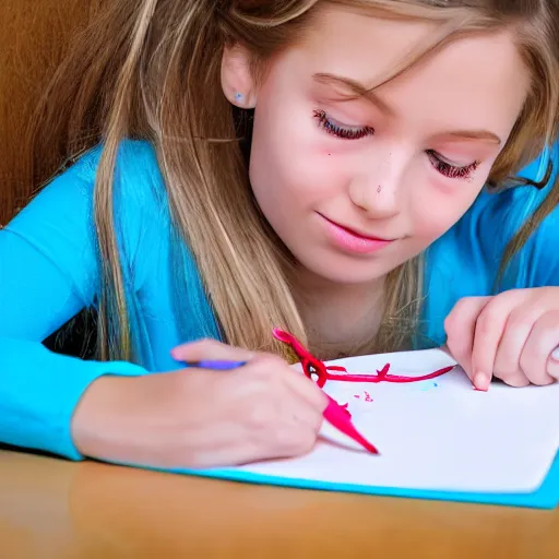 Prompt: blonde 7yo girl in light-blue shirt, tiny bow in hair, sobbing and drawing with red crayon, realistic photo