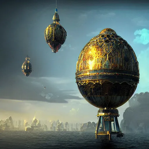 Image similar to enormous floating city in a faberge egg, sky, steampunk, fantasy art, unreal engine,