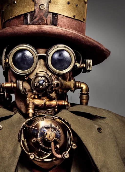 Image similar to closeup portrait of a steampunk medieval goblin wearing a top hat and goggles, depth of field, zeiss lens, detailed, symmetrical, centered, fashion photoshoot, by Annie Leibovitz and Steve McCurry, David Lazar, Jimmy Nelsson, Breathtaking, 8k resolution, extremely detailed, beautiful, establishing shot, artistic, hyperrealistic, beautiful face, octane render