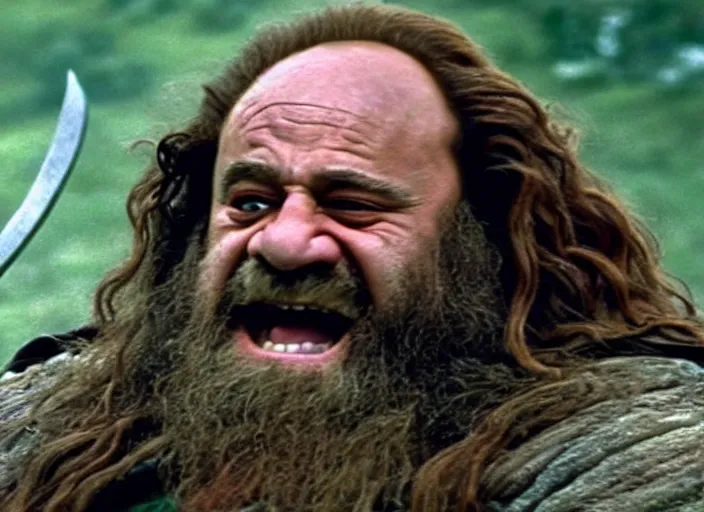 Image similar to film still of danny devito as gimli in lord of the rings movie, 8 k