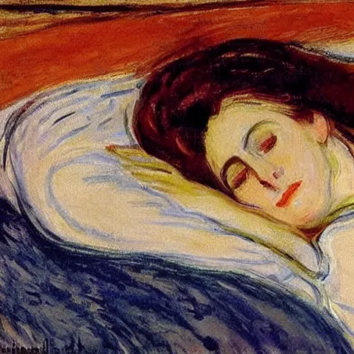 Image similar to lady with brown hair can't sleep because husband in is snoring in bed, expressive oil painting by edvard munch and claude monet