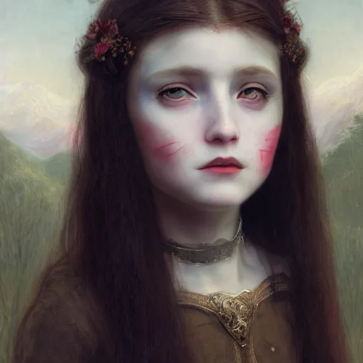 Image similar to portrait of a young vampire princess, head only, realistic eyes, realistic face, headshot, white hair, pale skin, 4k, rule of thirds, extreme detail, intricate illustration, trending artstation, cgsociety, hd, fantasy, realistic lighting, by Albert Bierstadt, Frederic Edwin Church.