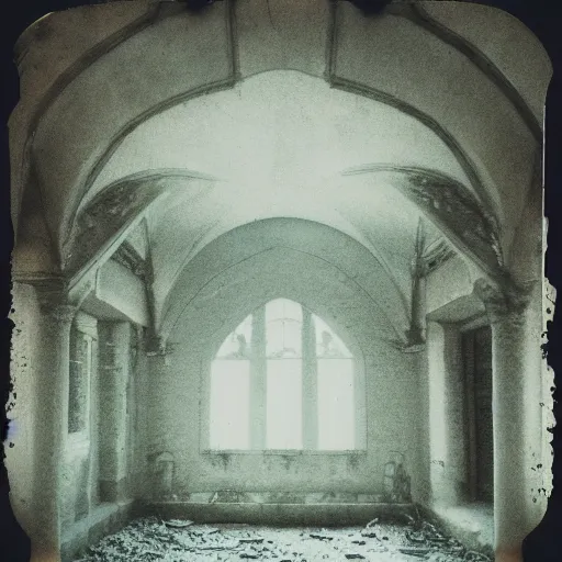 Prompt: you are lost in an old abandoned castle, hard to breathe, polaroid, laminal space, foggy