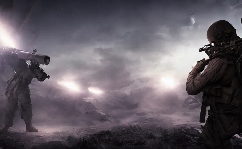 Prompt: a blind sniper, digital art, game cinematic, epic composition, moonlit, blue rimlighting, high fov