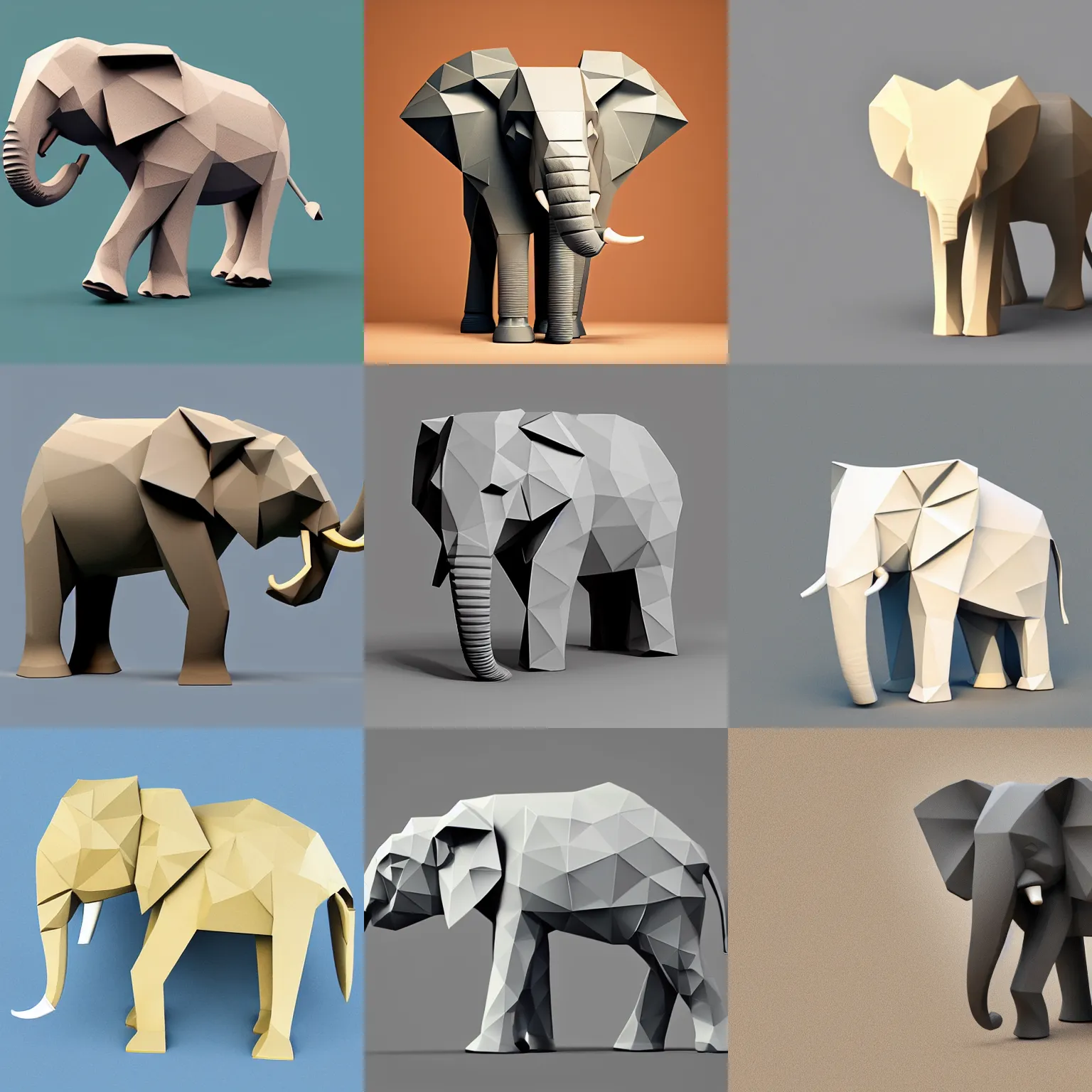 Prompt: a low poly elephant on a neutral background