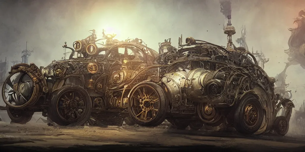 Image similar to steampunk vehicle design, character sheet, Moebius, Greg Rutkowski, Zabrocki, Karlkka, Jayison Devadas, Phuoc Quan, trending on Artstation, 8K, ultra wide angle, zenith view, pincushion lens effect