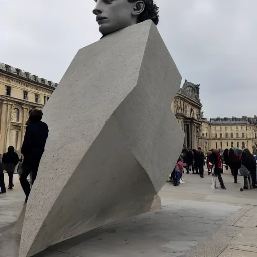 Image similar to the giant sculpture of Timothee Chalamet's head outside of the Louvre