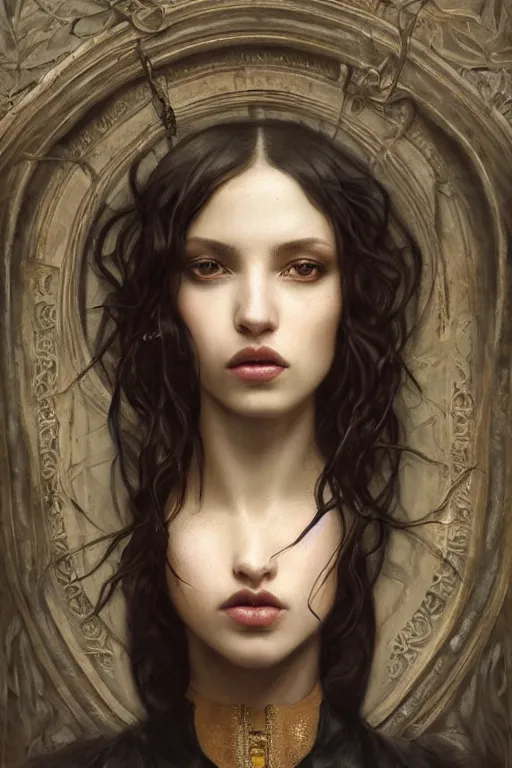 Prompt: breathtaking detailed soft painting of a sexy black girl in leather clothes, in an art nouveau medieval cathedral, symmetrical realistic facial features, rembrandt style, elegant, highly detailed, artstation, concept art, matte, sharp focus, art by tom bagshaw, kelogsloops and greg rutkowski