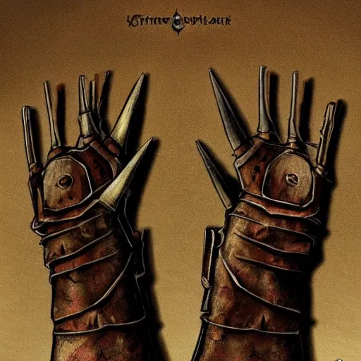 Image similar to metal claws on gloves, old leather gloves with attached talons, pointy fingertips, dark background, highly detailed, 8 k, trending on artstation, mystic, rpg artwork, by peter jackson, by sauron