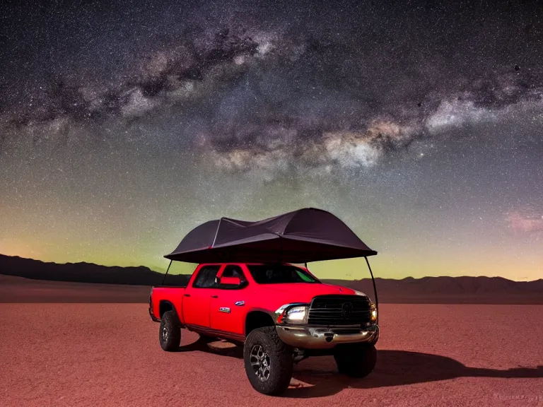 Prompt: dodge ram red power wagon with a roof top tent camping on dry lake night, long exposure, milky way, award winning, cinematic