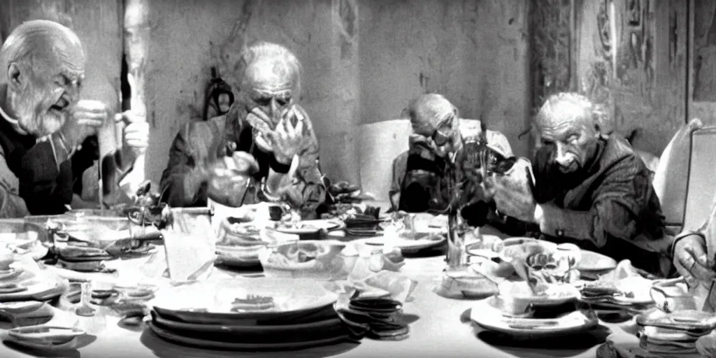 Prompt: film still of wrinkly old men sitting at a round dinner table eating money with knife and fork, directed by fellini