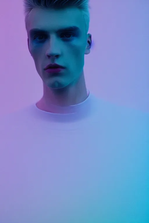 Image similar to high quality pastel coloured film wide angle selfie photograph of an male cyber model standing in an icelandic black rock environment. three point light. photographic. art directed. pastel colours. volumetric light. stark. waves glitch. 8 k. filmic.