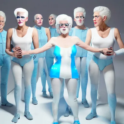 Image similar to troop of freak show women with white hair, white hair, tight light blue neopren suits, futuristic production facility, sci - fi, highly detailed, cinematic