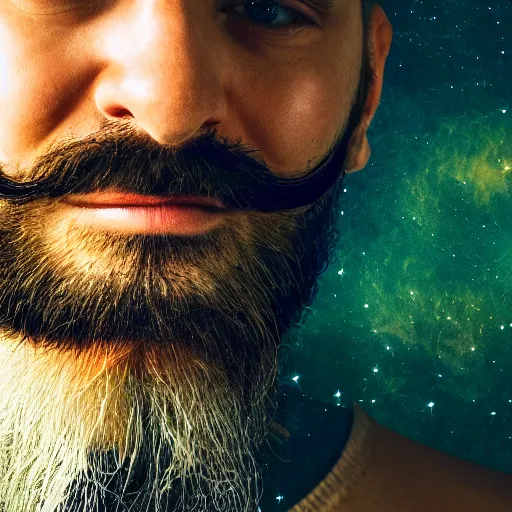 Prompt: a bearded man’s face close up, deep space background, hyper realistic, his eyes reflect images of rings of DNA