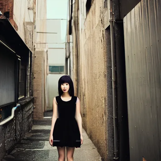 Image similar to a perfect 8K HD professional photo of japanese girl posing, wearing dress in sci-fi dystopian alleyway, at instagram, Adobe Lightroom, taken with kodak portra