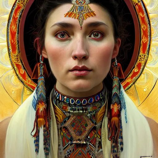 Image similar to a portrait of a female shaman, upper half portrait, decorated with russian motifs, russian shaman, siberia, traditional russia, intricate, elegant, highly detailed, symmetry, headpiece, digital painting, artstation concept art smooth sharp focus, illustration, art by artgerm and greg rutkowski alphonse mucha 8 k