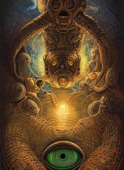 Image similar to emek spaceship mf doom reptile eyes, cosmic lsd poster art, intricate, elegant, highly detailed, centered, digital painting, artstation, concept art, smooth, sharp focus, illustration, artgerm, tomasz alen kopera, peter mohrbacher, donato giancola, joseph christian leyendecker, wlop, frank frazetta