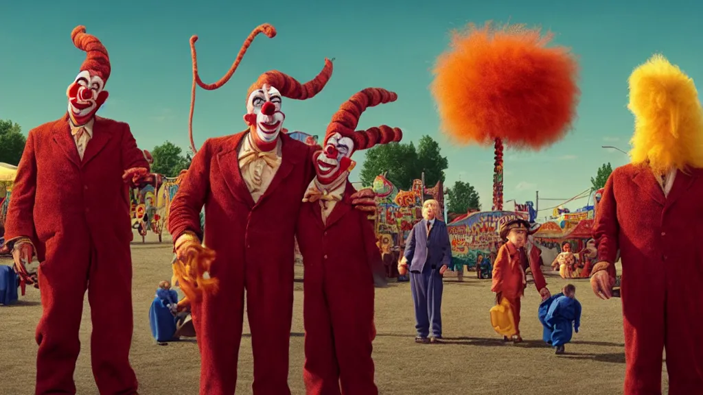 Prompt: the giant clowns at the fair, film still from the movie directed by denis villeneuve and david cronenberg with art direction by salvador dali and dr. seuss