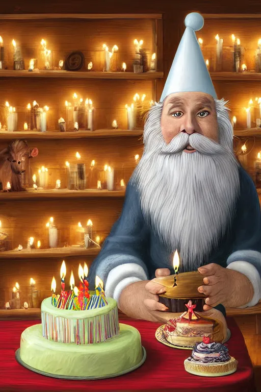 Prompt: a billy goat with a white beard, sitting in front of a birthday cake with many lit candles, by ben von strawn, highly detailed digital art