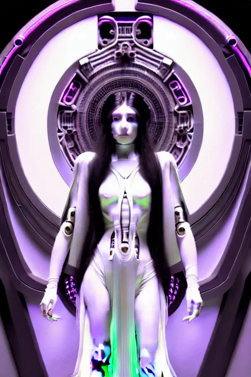 Prompt: feminine cyborg goddess rendered in Cinema 4D, elegant and ornate futuristic silk robes, held aloft by thousands of wires in a pristine white scifi room, right hand help up with a elaborate tech port in the center, left hand with a holographic book open, glowing white neon eyes, platinum and obsidian flowing long hair, art by Artgerm and Alphonse Mucha, hyperrealism, full body photogenic shot, digital render, cinematic lighting ornate earrings, 8k resolution, masterpiece work