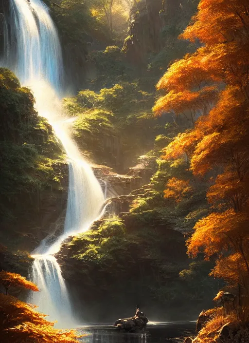 Image similar to detailed intricate digital illustration by greg rutkowski and artgerm and wlop and sanford robinson gifford ; shimmering waterfall in background ; 1 3 mm film, arri alfa anamorphic lens ; sharp focus, golden hour lighting, trending on artstation 4 k