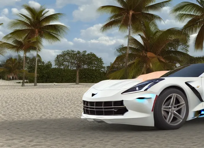 Image similar to hyperrealism, detailed textures, photorealistic 3 d render, a dreamy beach in cuba, a photorealistic 2 0 3 9 corvette stingray concept care with a blazing pearl white colour scheme, sharp focus, ultra realistic, ultra high pixel detail, cinematic, intricate, cinematic light, concept art, illustration, art station, unreal engine 8 k