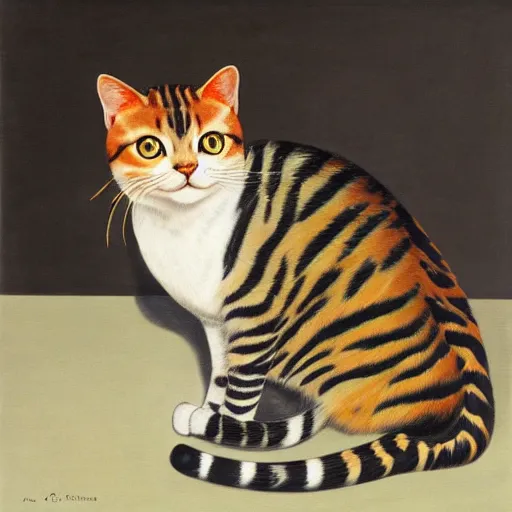 Image similar to painting of a mackerel tabby cat by rene magritte, hd, 4 k, detailed, award winning, orange, white, black