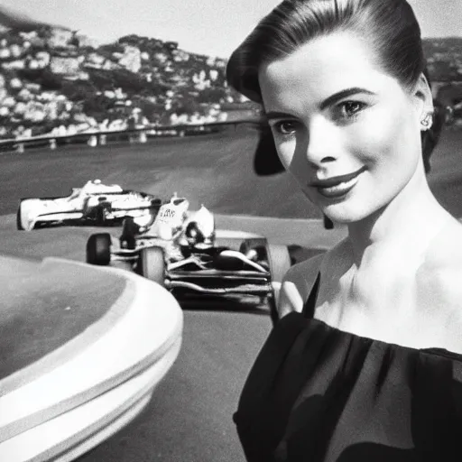 Image similar to selfie smartphone photo of a young Grace Kelly at the Monaco Gran Prix, F1 cars blurred in background, iphone photo, smartphone resolution, trending on instagram, influencer photography