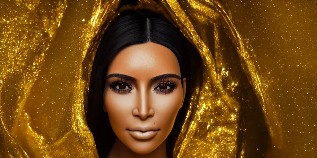 Prompt: macro portrait photograph of a glowing kim kardashian in a hood made of gold fabric at coachella, sparkling, ultra realistic, unreal 5 engine render, octane render, digital painting, smooth, elegant, pop art style, 8 k, 3 5 mm film grain,